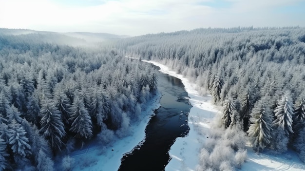 Floresta de inverno na neve Vista de drone A beleza da natureza de inverno Árvores na neve