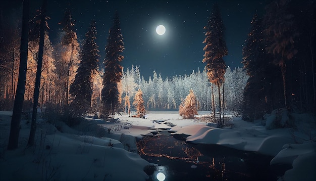 Floresta de inverno nevado à noite com lua cheia generative ai
