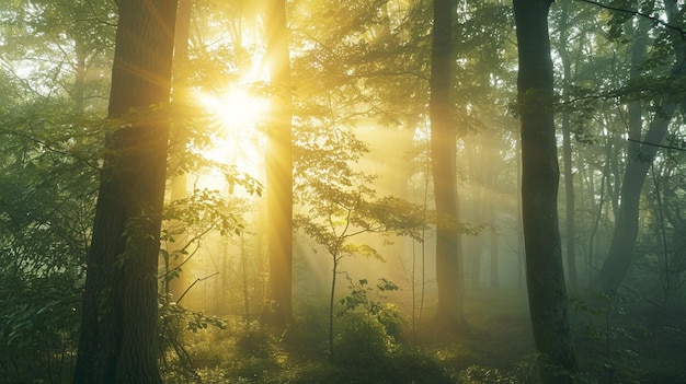 Floresta de manhã em um nevoeiro no sol árvores em uma névoa de luz brilhante névoa generativa Ai