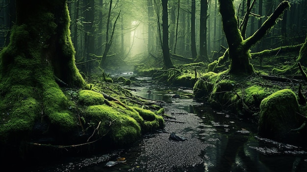 Floresta de musgo com árvores caídas no fundo de uma floresta mística