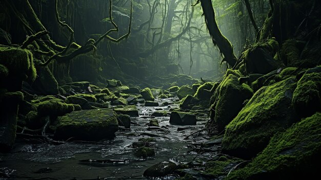 Foto floresta de musgo com árvores caídas no fundo de uma montanha