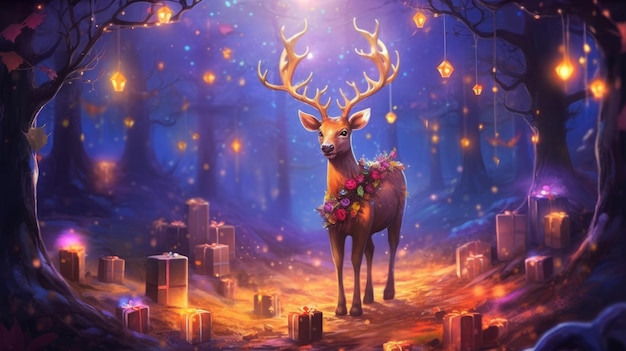 Floresta de Natal mágica com ilustração de veados AI GenerativexA