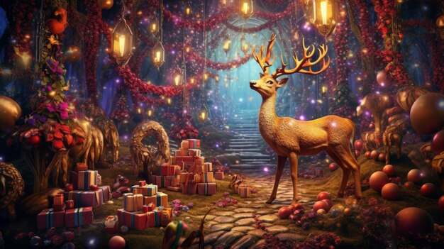 Floresta de Natal mágica com ilustração de veados AI GenerativexA