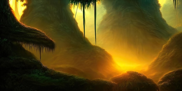 Floresta de néon de fantasia ao pôr do sol Floresta irreal mística Bela paisagem de néon ilustração 3D