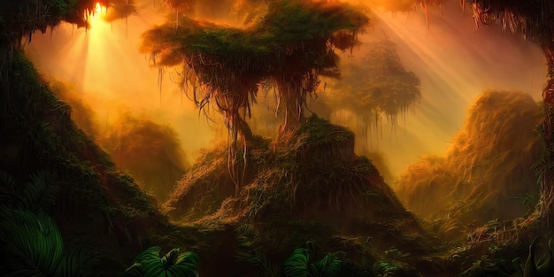 Floresta de néon de fantasia ao pôr do sol Floresta irreal mística Bela paisagem de néon ilustração 3D