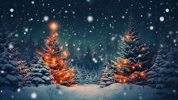 Floresta de neve de inverno com árvore de Natal decorada com luzes