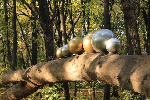 floresta de outono com folhas caídas, bolas douradas decorativas