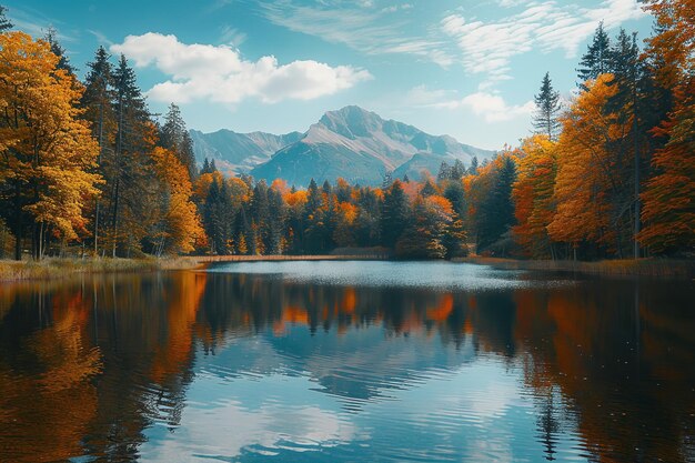 Floresta de outono junto às montanhas e um lago Generative Ai