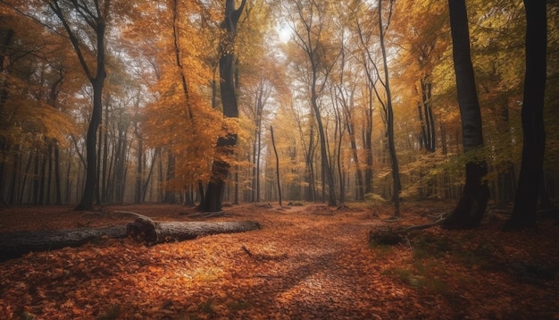 Floresta de outono tranquila, cores vibrantes, ponto de fuga gerado por IA