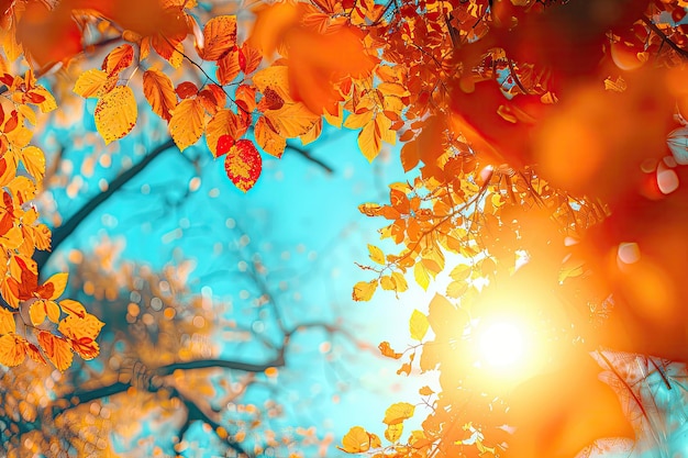 Floresta de outono vibrante com folhagem colorida e céu ensolarado