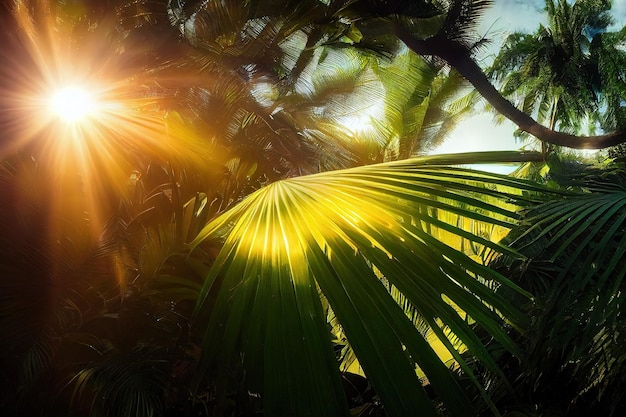 Floresta de palmeiras exóticas com raios de sol através de folhas verdes ilustração 3D