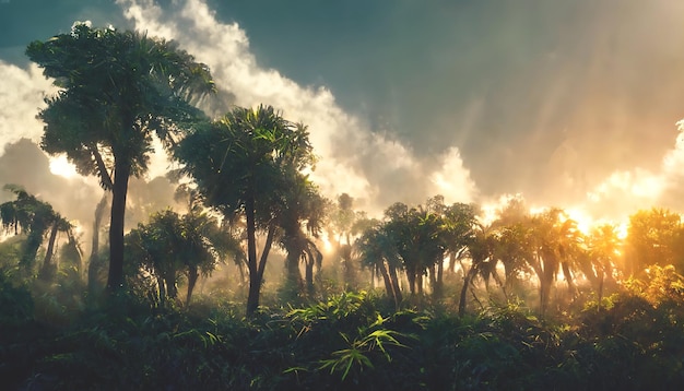 Floresta de palmeiras tropicais exóticas ao pôr do sol raios de sol através das sombras das folhas Floresta tropical floresta exótica fundo de floresta verde ilustração 3D do oásis