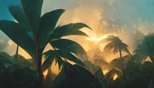 Floresta de palmeiras tropicais exóticas ao pôr do sol raios de sol através das sombras das folhas Floresta tropical floresta exótica fundo de floresta verde ilustração 3D do oásis