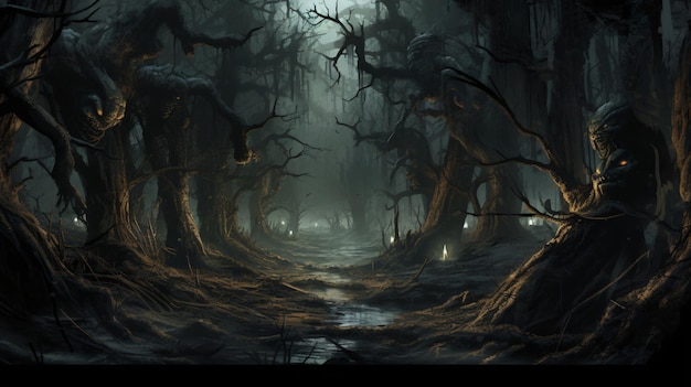 Floresta de pesadelo com árvores assustadoras