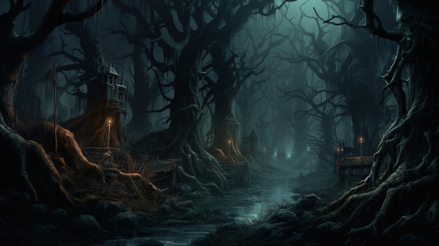 Floresta de pesadelo com árvores assustadoras