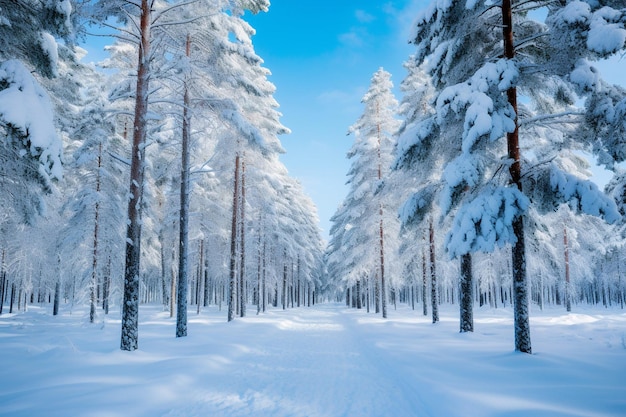 Floresta de pinheiros de inverno coberta de neve