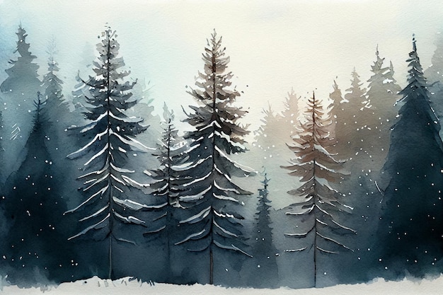 Floresta de pinheiros de inverno em aquarela generative ai