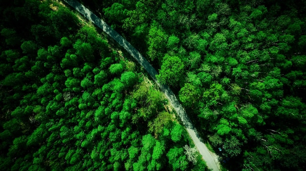 Floresta de pinheiros verdes e estrada rural Vista aérea de drones de cima