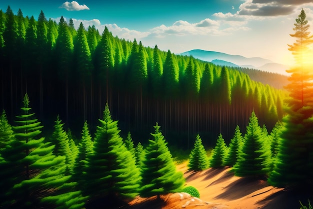 Foto floresta de pinheiros verdes no verão fundo natural bela paisagem