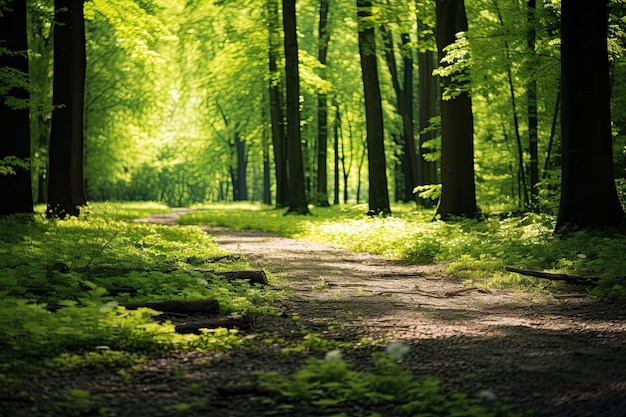 Floresta de primavera com fundo verde Paisagem bonita de vegetação exuberante e árvores frondosas