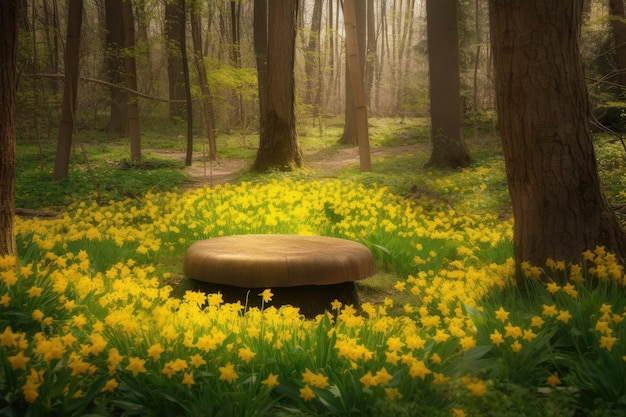 Floresta de primavera com pódio redondo e flores amarelas criadas com ai generativo