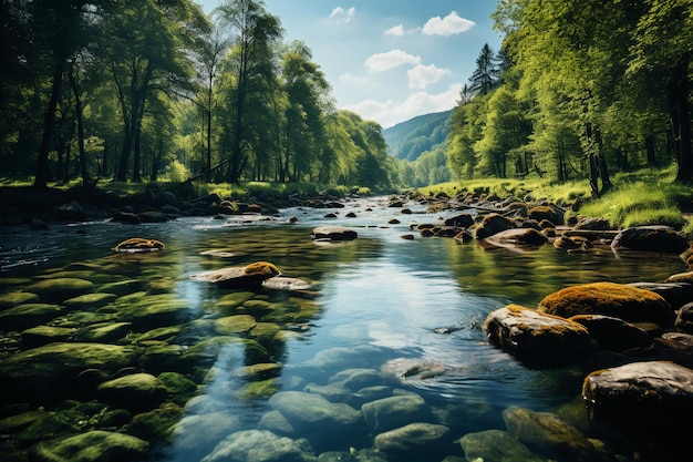 Floresta de primavera paisagem natural belas rochas de rio de fluxo de primavera na floresta de montanha AI generati