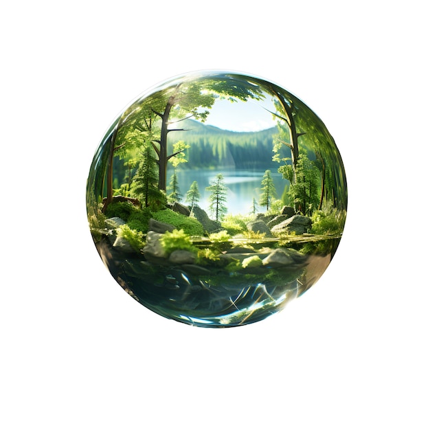 Foto floresta de terra de cristal e luz solar meio ambiente salvar planeta limpo conceito de ecologia dia da terra bola de vidro isolada no fundo branco bola de vidro