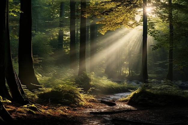 Foto floresta densa com luz solar através das folhas