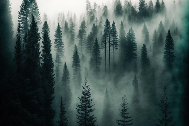 floresta densa de pinheiros com nevoeiro espesso