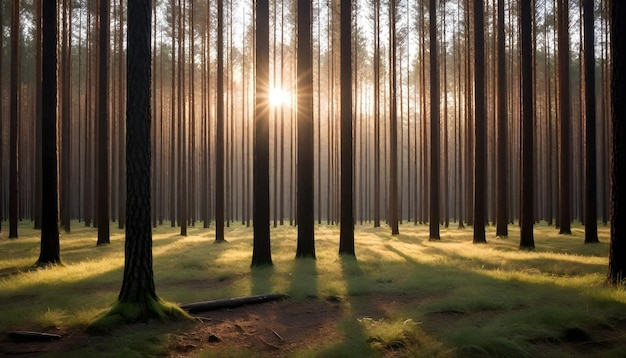 floresta densa de pinheiros com sol matinal baixo contra a luz