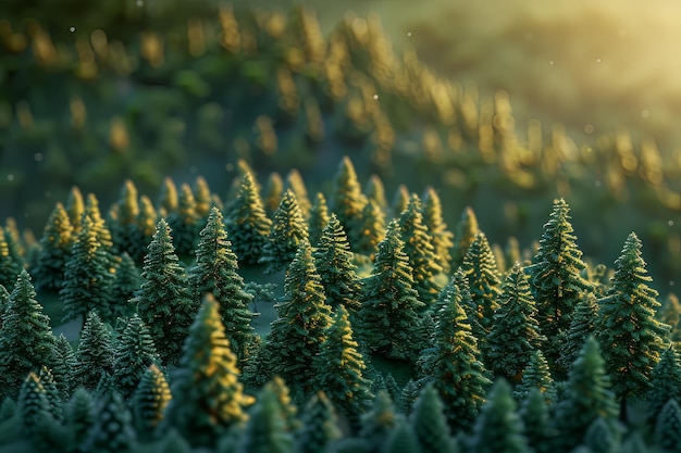 Floresta densa de pinheiros em miniatura pela manhã