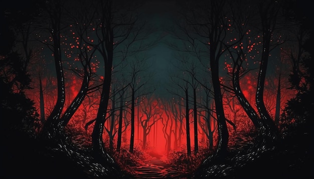 Floresta do mal iluminação vermelha escura.