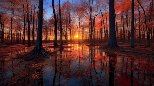 floresta dourada de outono à beira do rio ao pôr do sol