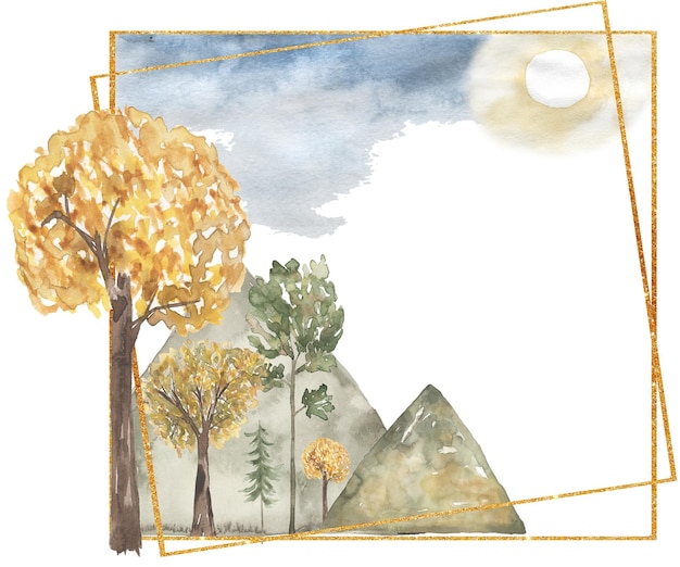 Floresta em aquarela e montanhas ilustração de quadro fundo de floresta Design de convite de cartão com composição de árvores de floresta Árvores perenes grinalda carvalho abeto impressão de borda natural