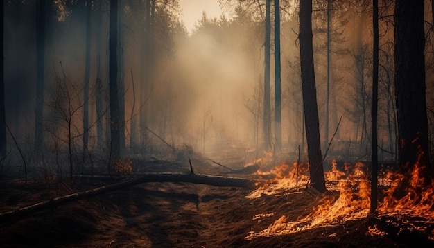 Floresta em chamas, mistério assustador, inferno de destruição gerado por IA