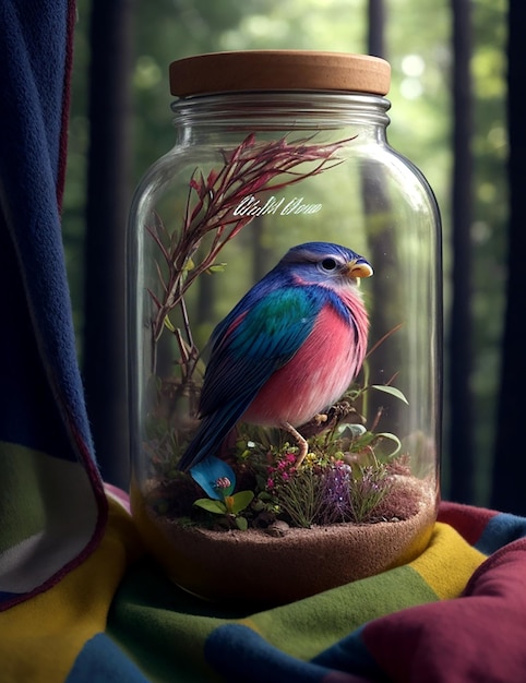 Foto floresta em miniatura com animais e pássaros dentro de uma garrafa com fundo florestal