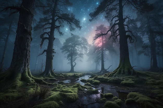 Foto floresta encantada com cores árvores cercadas por estrelas brilhantes criadas com