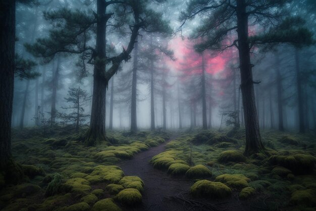 Foto floresta encantada com cores árvores cercadas por estrelas brilhantes criadas com