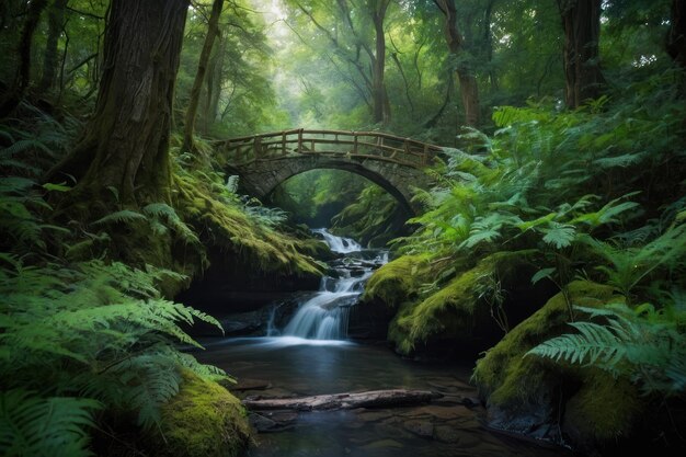 Floresta encantada com raios de sol e cachoeira