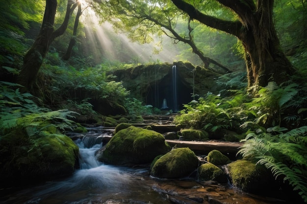 Floresta encantada com raios de sol e cachoeira