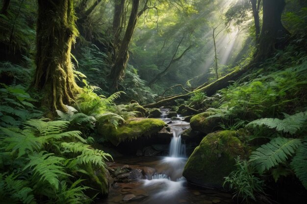 Floresta encantada com raios de sol e cachoeira