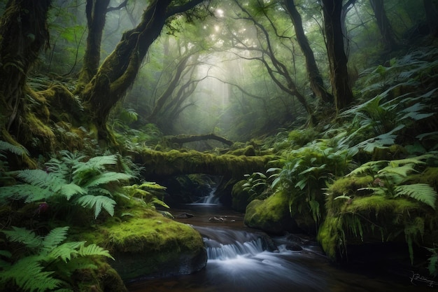 Floresta encantada com raios de sol e cachoeira