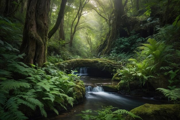 Floresta encantada com raios de sol e cachoeira