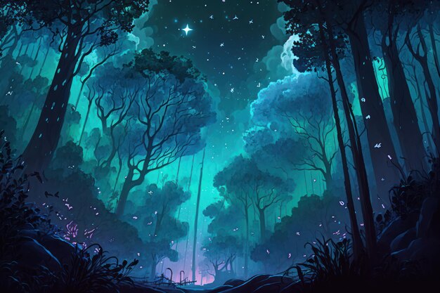 Floresta encantada de conto de fadas iluminada por bioluminescência com grandes árvores e bela vegetação Pintura digital