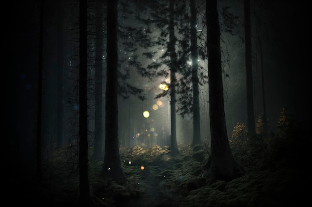 Foto floresta escura à noite na luz da lua fundo de mistério gerado por ia