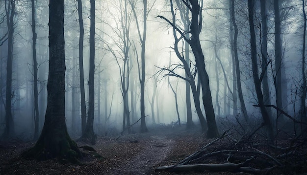 Floresta escura com árvores mortas no nevoeiro cenário de horror misterioso atmosfera mística