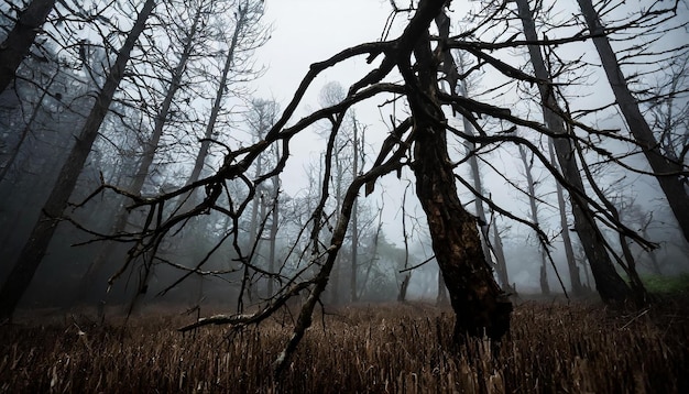 Floresta escura com árvores mortas no nevoeiro Ramos secos quebrados Paisagem misteriosa Atmosfera mística