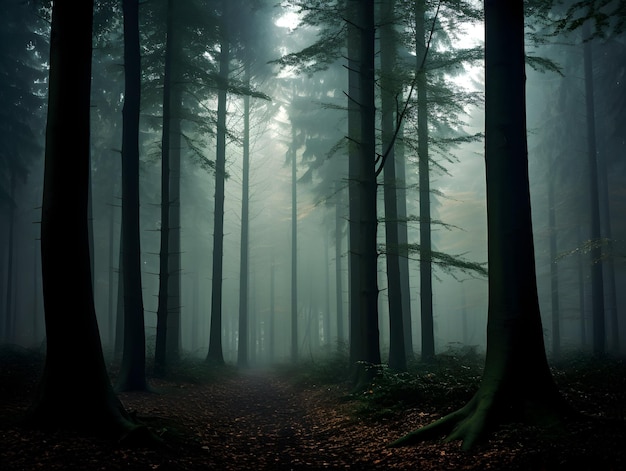 Floresta escura com nevoeiro e cores bonitas floresta nebulosa Estrada ou caminho através da densa floresta de árvores