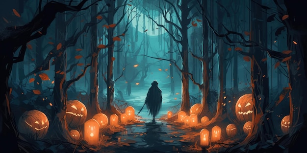 Floresta escura com uma bruxa e abóboras de Halloween