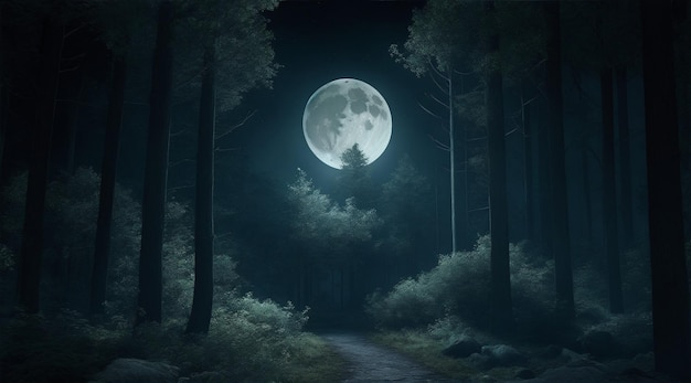 Floresta escura da noite contra a ilustração 3d da lua cheia por Generative AI